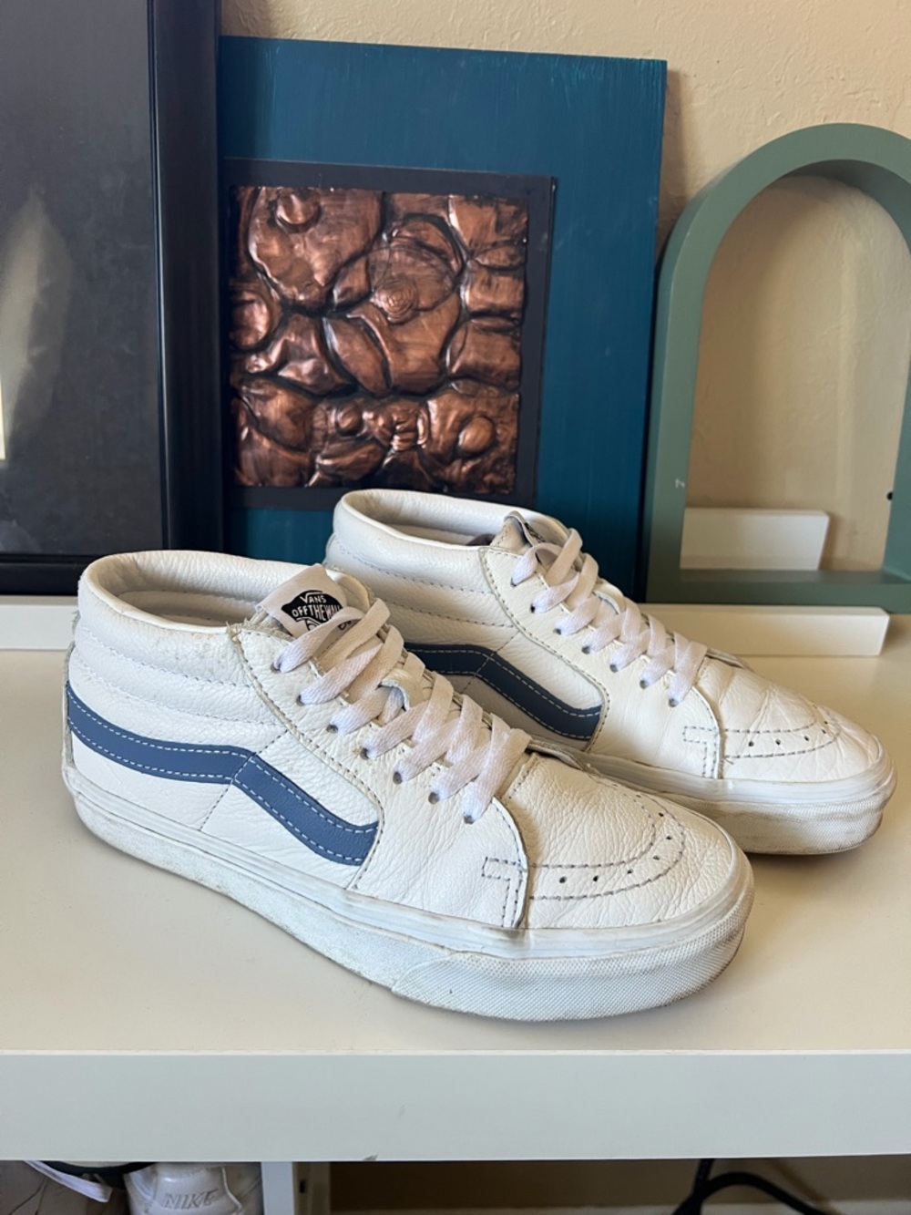 Vans White Mid-Top Sneakers with Blue Side Stripe